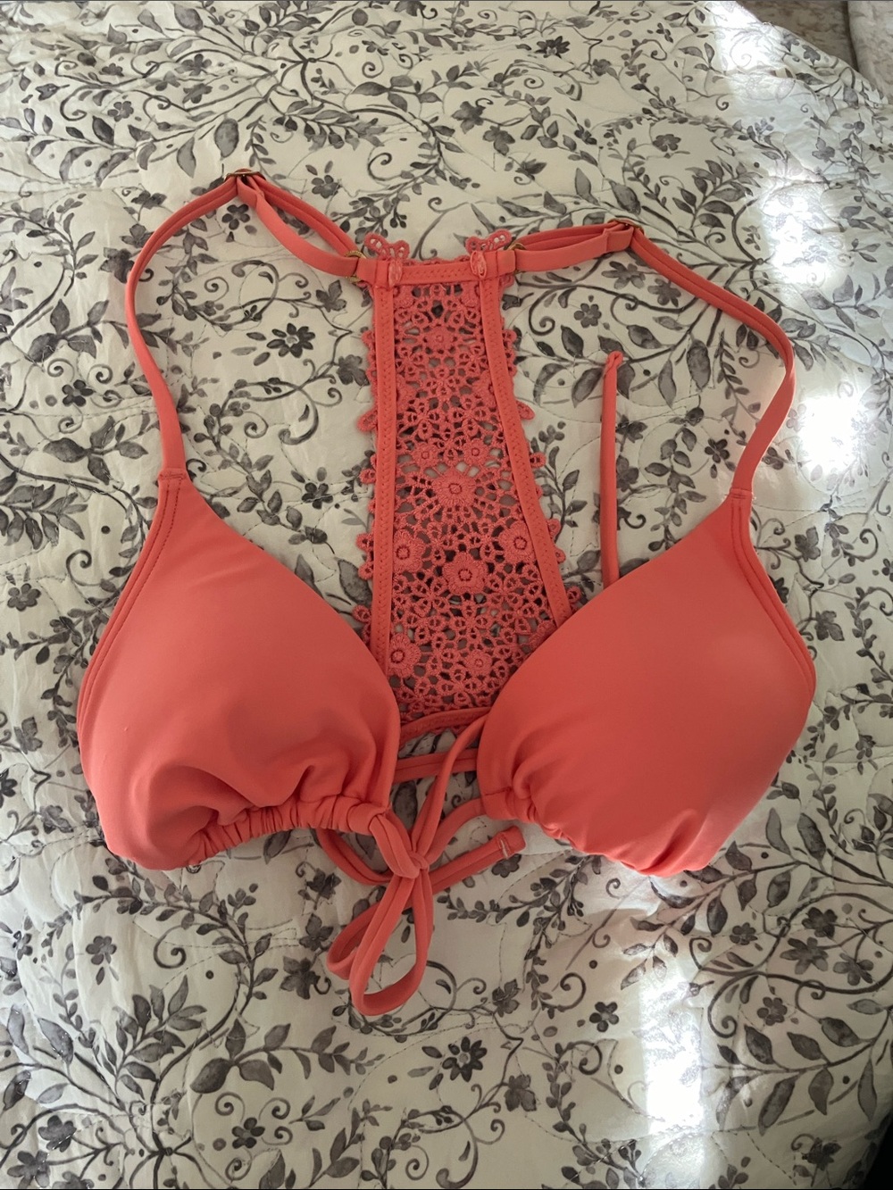 Hollister Coral Crochet-Back Bikini Top